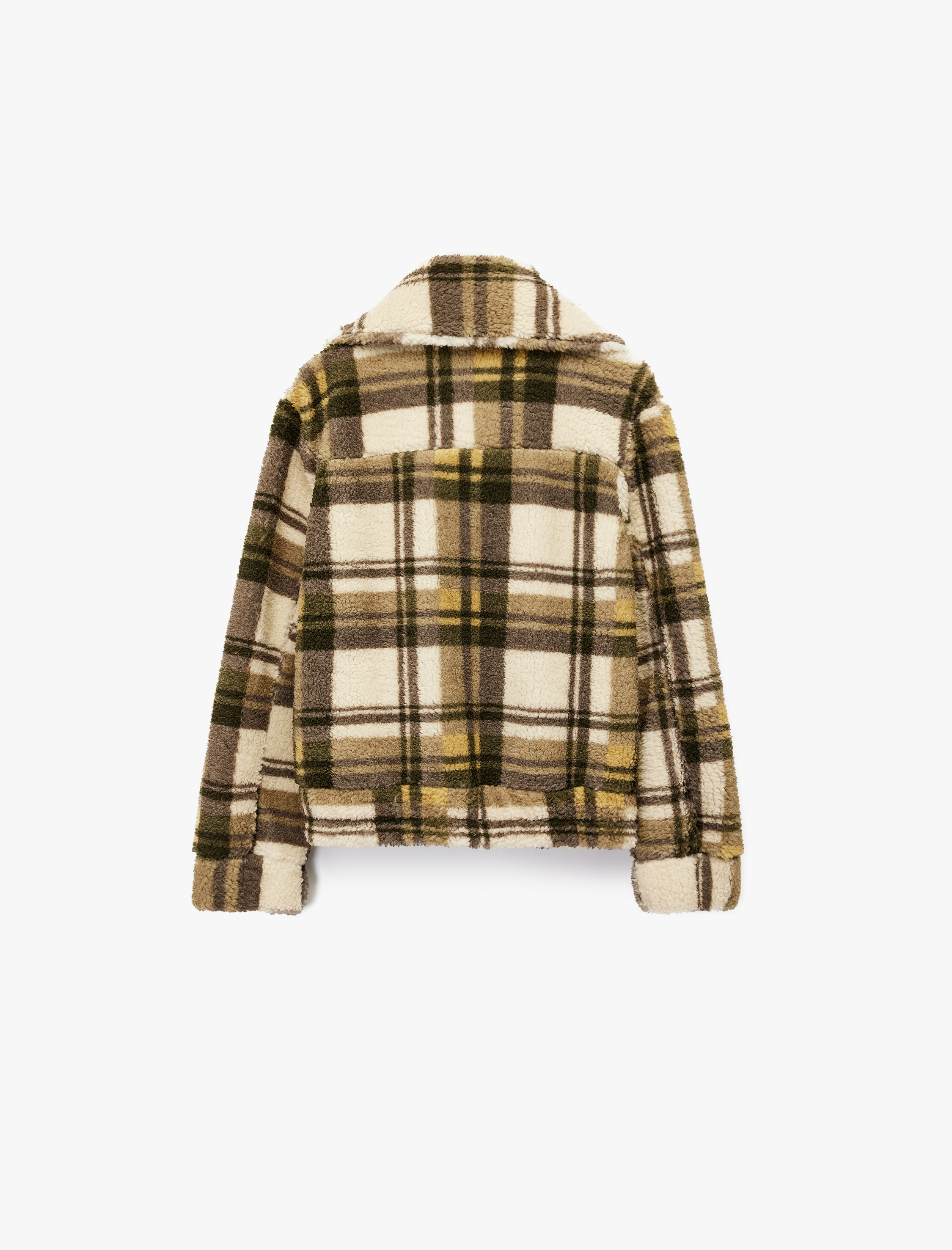   Cepli Fermuarlı Uzun Kollu Rahat Kalıp Dik Yaka Ekoseli Peluş Hırka