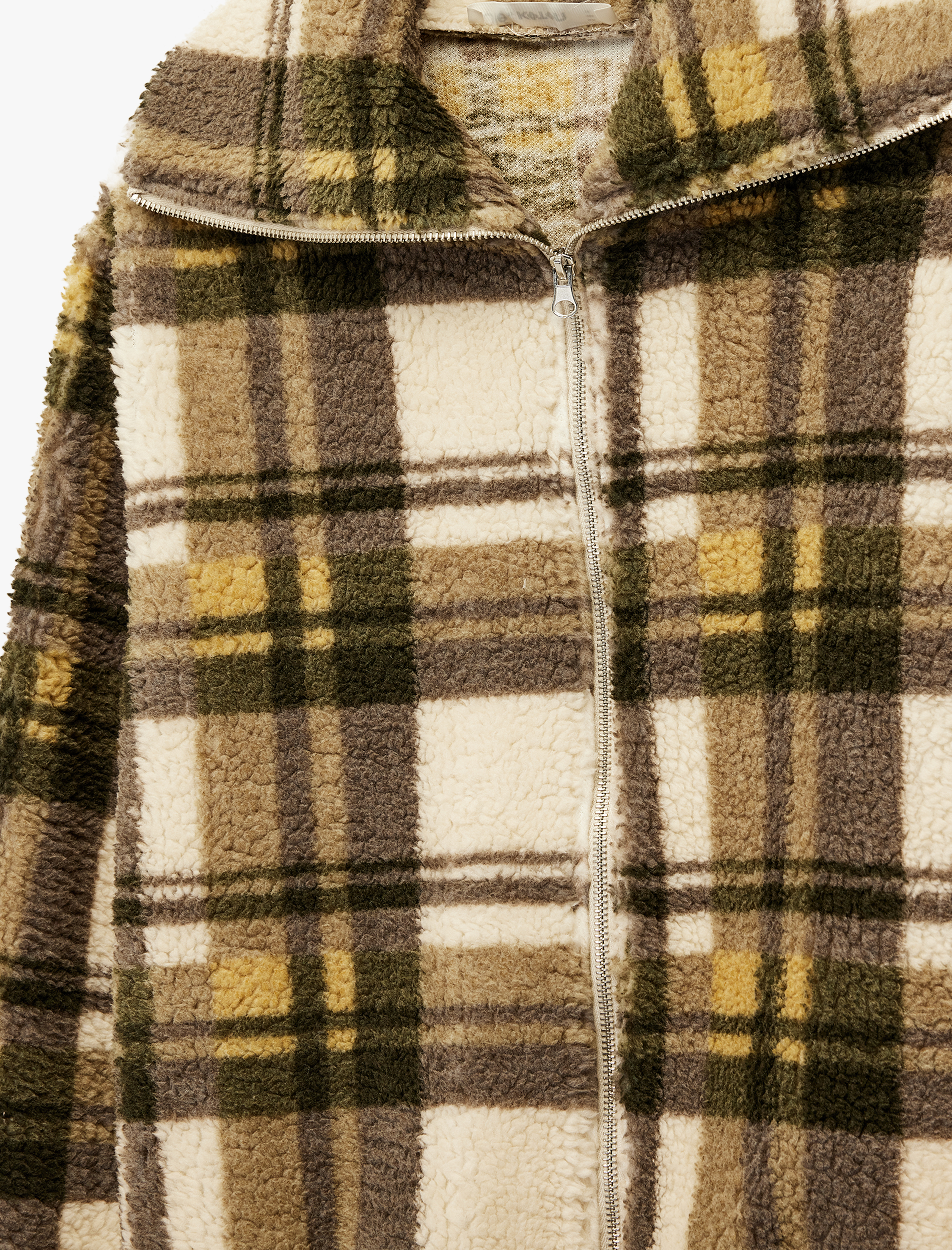   Cepli Fermuarlı Uzun Kollu Rahat Kalıp Dik Yaka Ekoseli Peluş Hırka