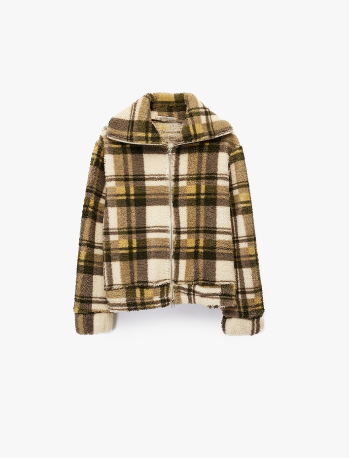  Cepli Fermuarlı Uzun Kollu Rahat Kalıp Dik Yaka Ekoseli Peluş Hırka