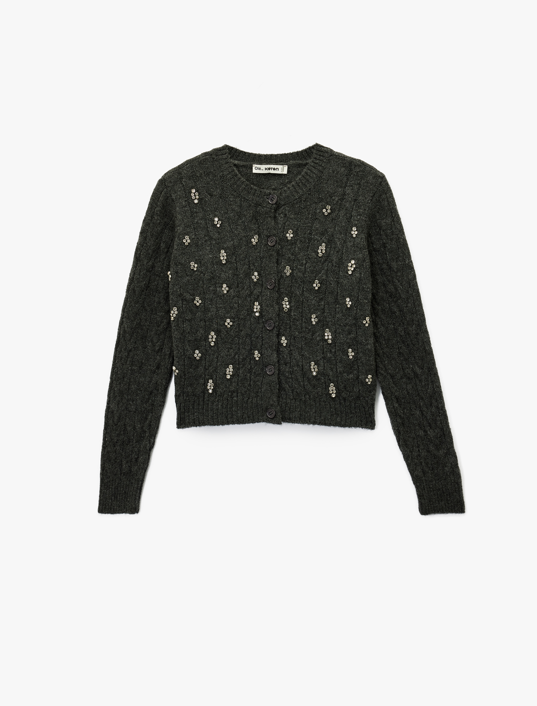   Saç Örgü Dokulu Taş Detaylı Düğmeli V Yaka Triko Hırka