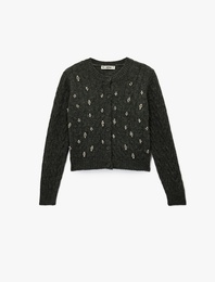 Saç Örgü Dokulu Taş Detaylı Düğmeli V Yaka Triko Hırka