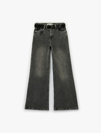 Kemer Detaylı Yıkamalı Dar Kesim İspanyol Paça Jean Pantolon - Flare Jeans