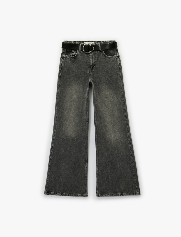  Kemer Detaylı Yıkamalı Dar Kesim İspanyol Paça Jean Pantolon - Flare Jeans