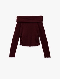 Viskon Karışımlı Kaşkorse Omzu Açık Slim Fit Uzun Kollu Tişört