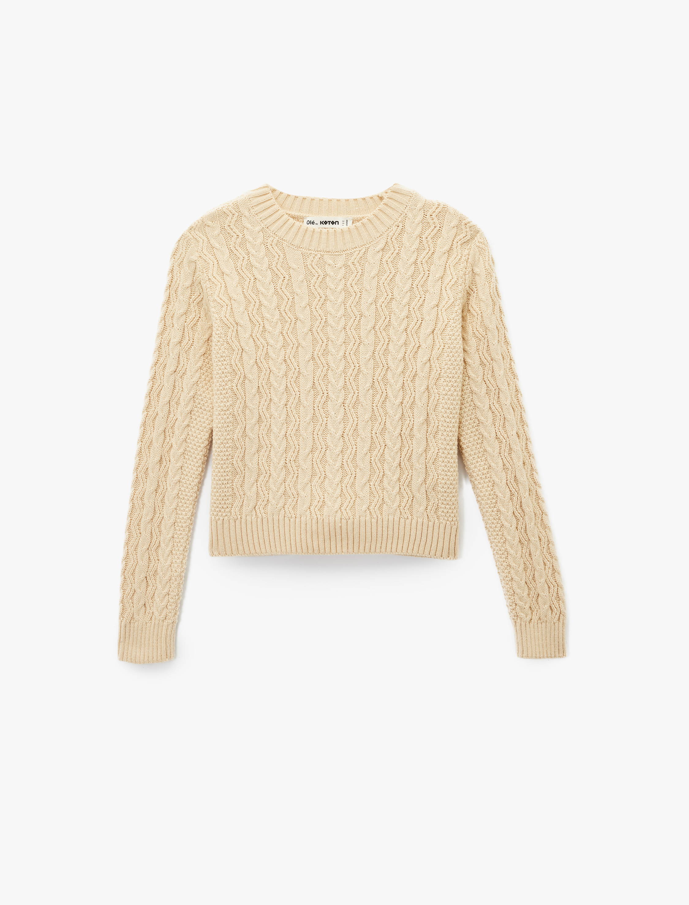   Saç Örgü Dokulu Uzun Kollu Bisiklet Yaka Crop Triko Kazak