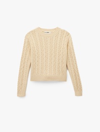 Saç Örgü Dokulu Uzun Kollu Bisiklet Yaka Crop Triko Kazak