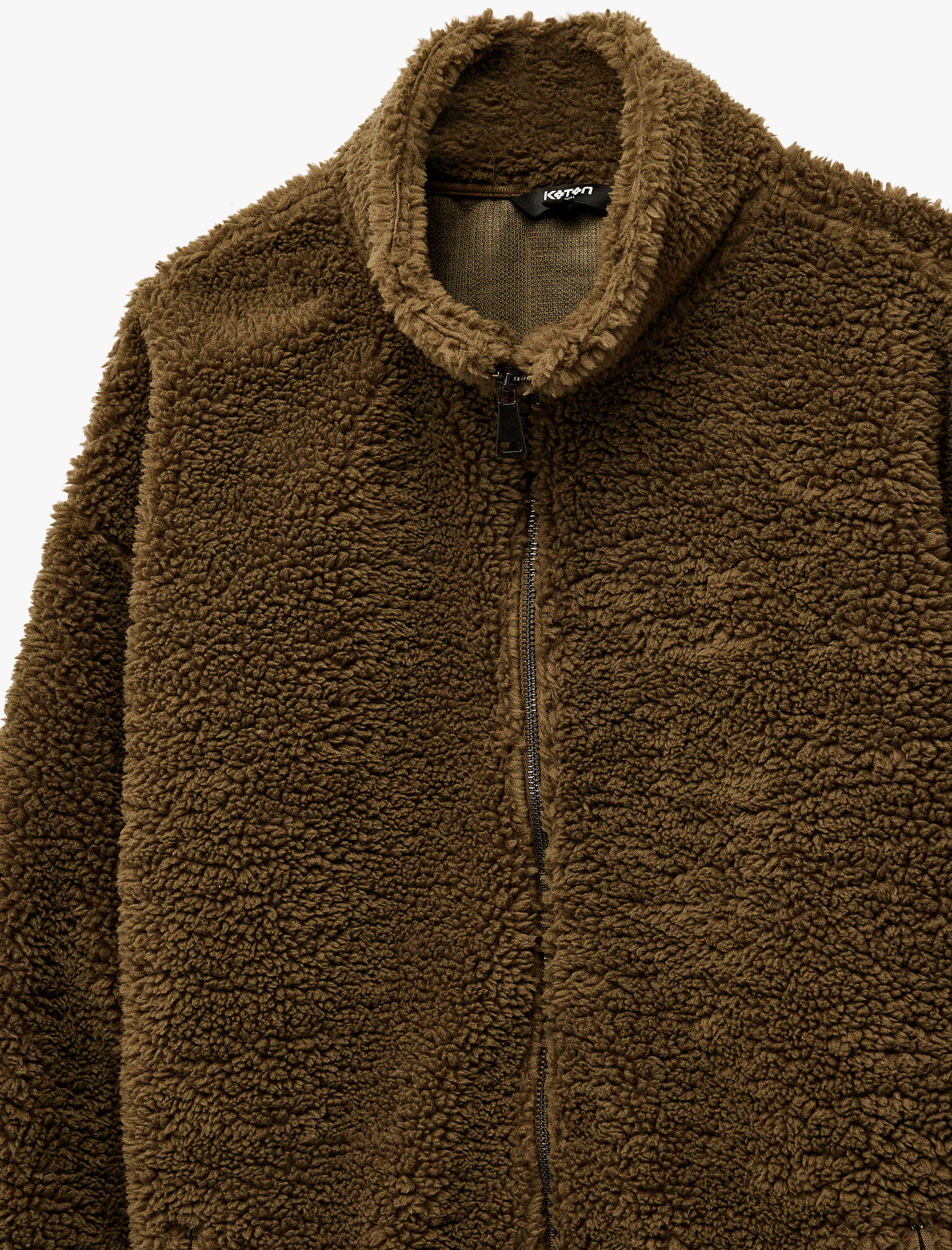   Uzun Kollu Fermuarlı Cepli Dik Yaka Peluş Ceket