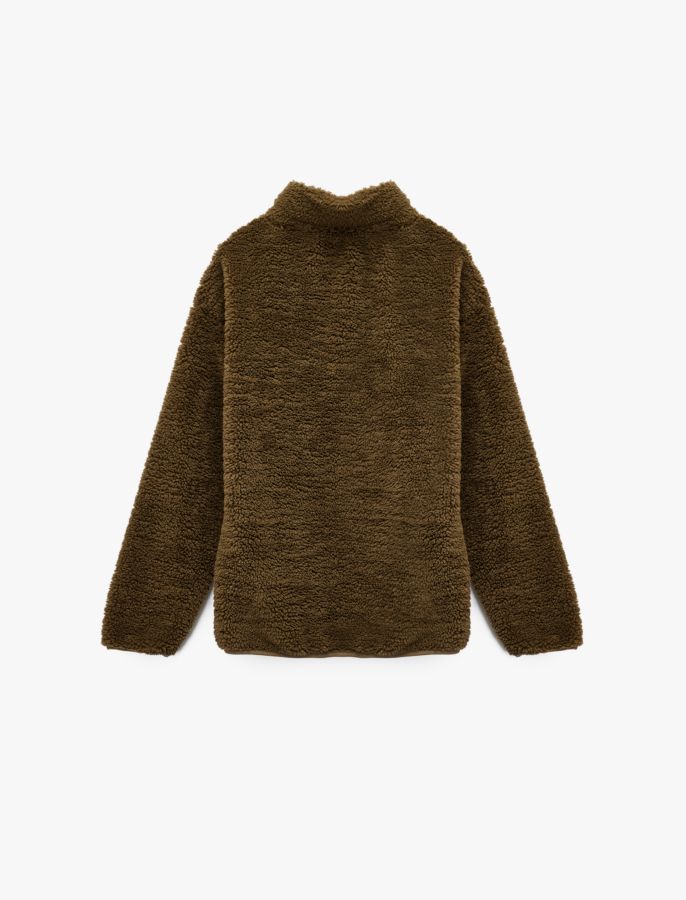   Uzun Kollu Fermuarlı Cepli Dik Yaka Peluş Ceket