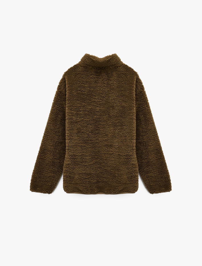  Uzun Kollu Fermuarlı Cepli Dik Yaka Peluş Ceket