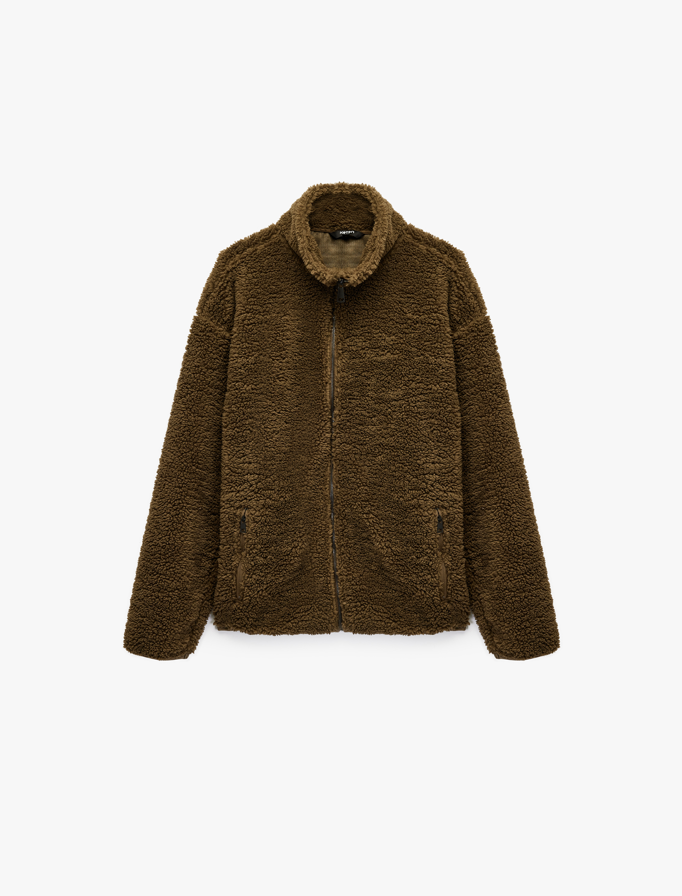   Uzun Kollu Fermuarlı Cepli Dik Yaka Peluş Ceket