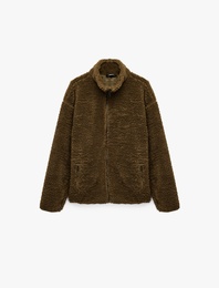 Uzun Kollu Fermuarlı Cepli Dik Yaka Peluş Ceket