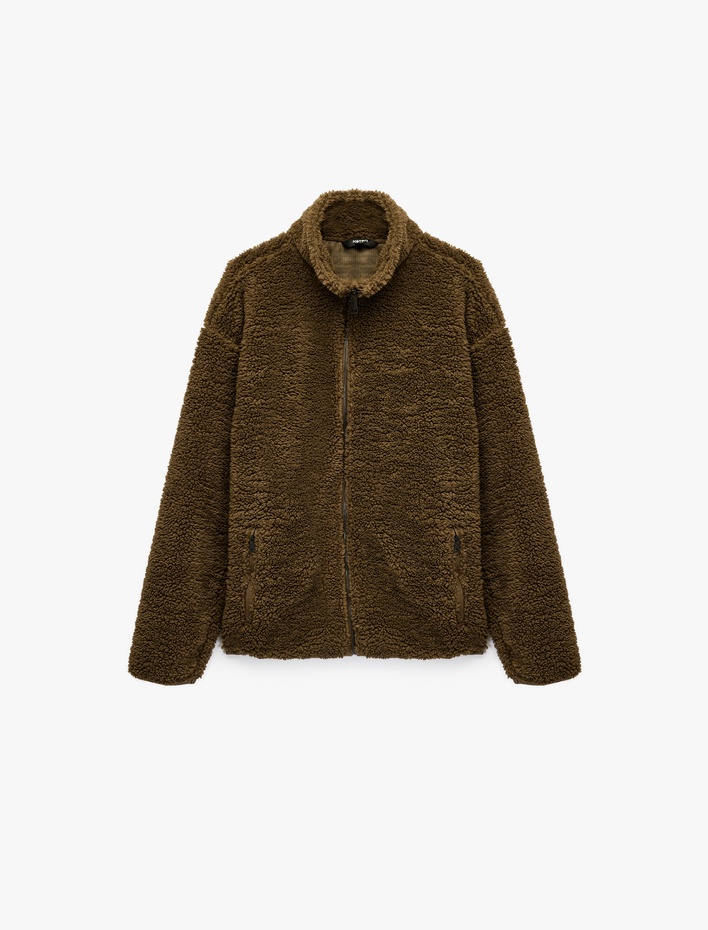  Uzun Kollu Fermuarlı Cepli Dik Yaka Peluş Ceket