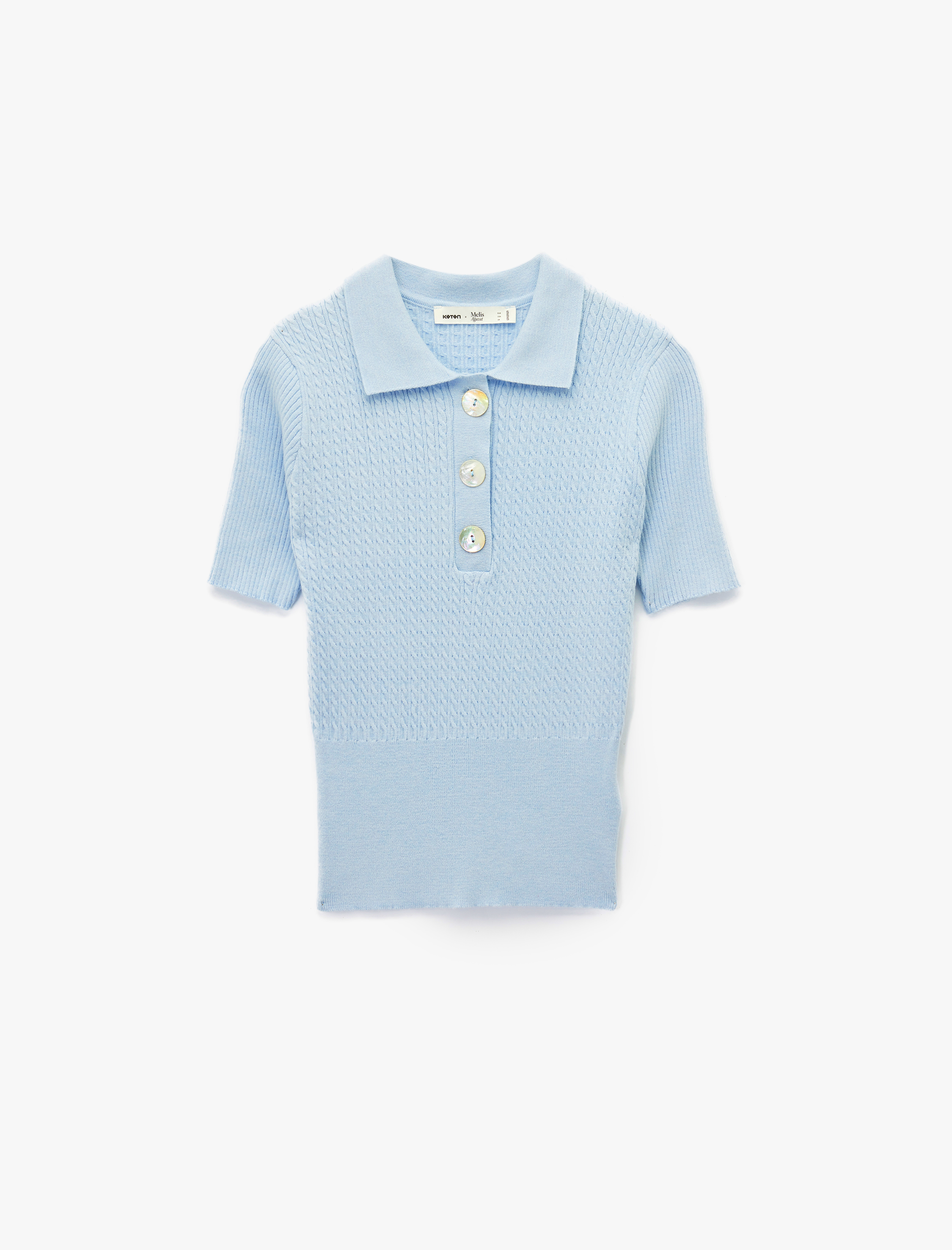   Koton X Melis Ağazat - Kısa Kollu Düğmeli Polo Yaka Saç Örgü Kazak