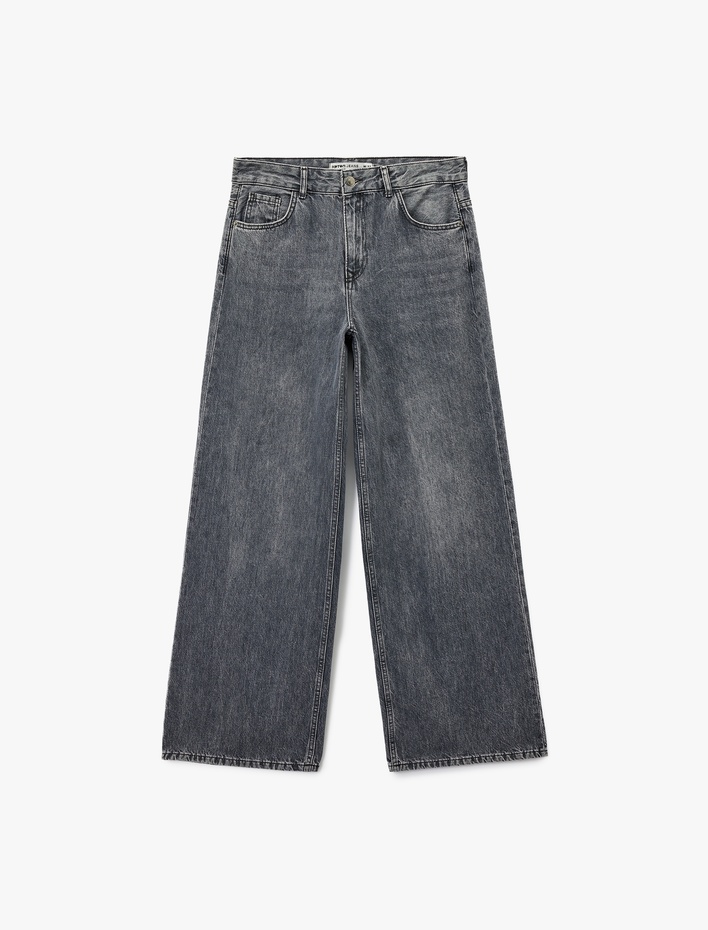  Rahat Kalıp Düz Paça Cepli Yıkamalı Jean Pantolon - Loose Straight Fit Jean