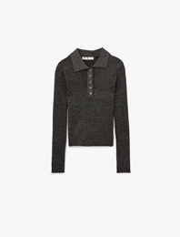 Koton X Melis Ağazat - Uzun Kollu Metalik İplik Detaylı Parıltılı Polo Yaka Triko Kazak