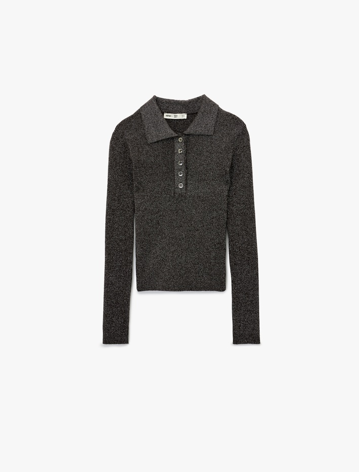  Koton X Melis Ağazat - Uzun Kollu Metalik İplik Detaylı Parıltılı Polo Yaka Triko Kazak