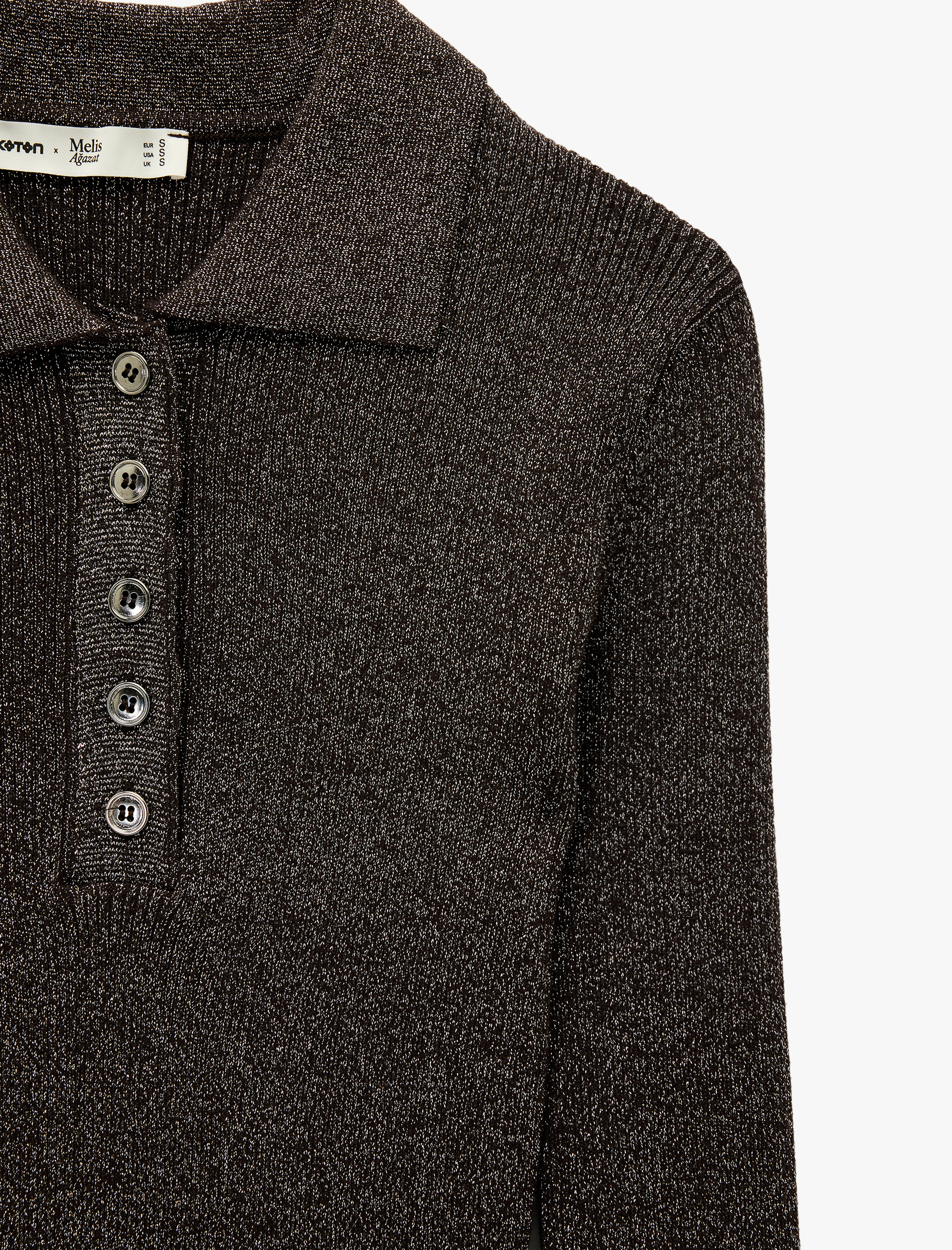   Koton X Melis Ağazat - Uzun Kollu Metalik İplik Detaylı Parıltılı Polo Yaka Triko Kazak