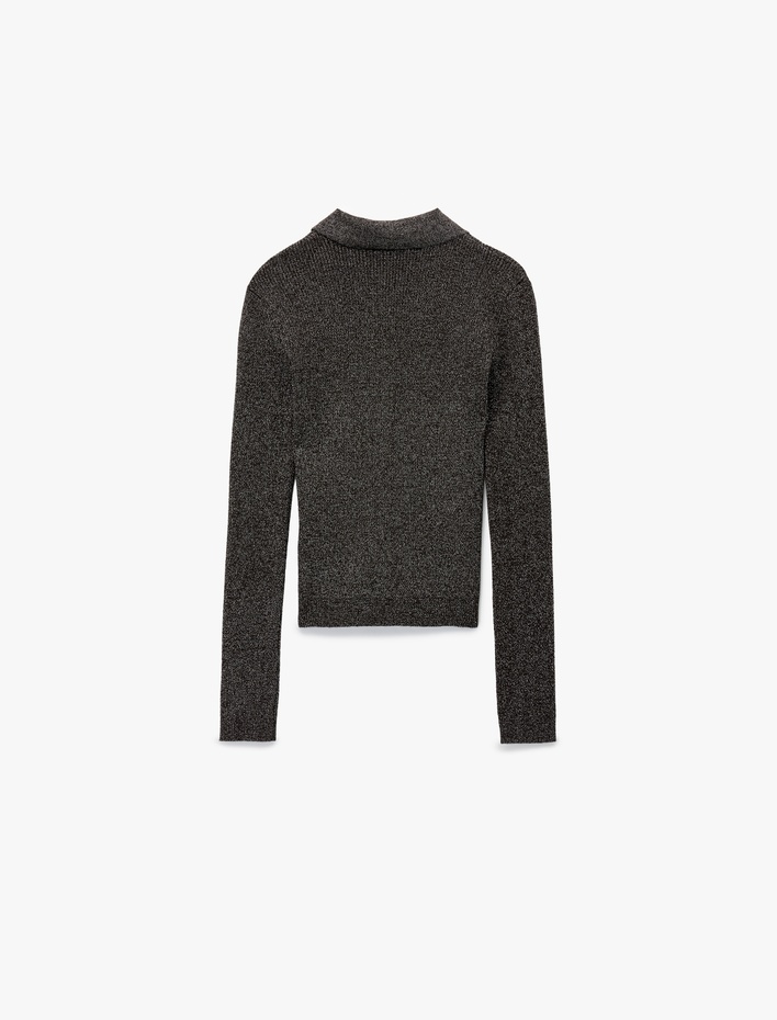  Koton X Melis Ağazat - Uzun Kollu Metalik İplik Detaylı Parıltılı Polo Yaka Triko Kazak