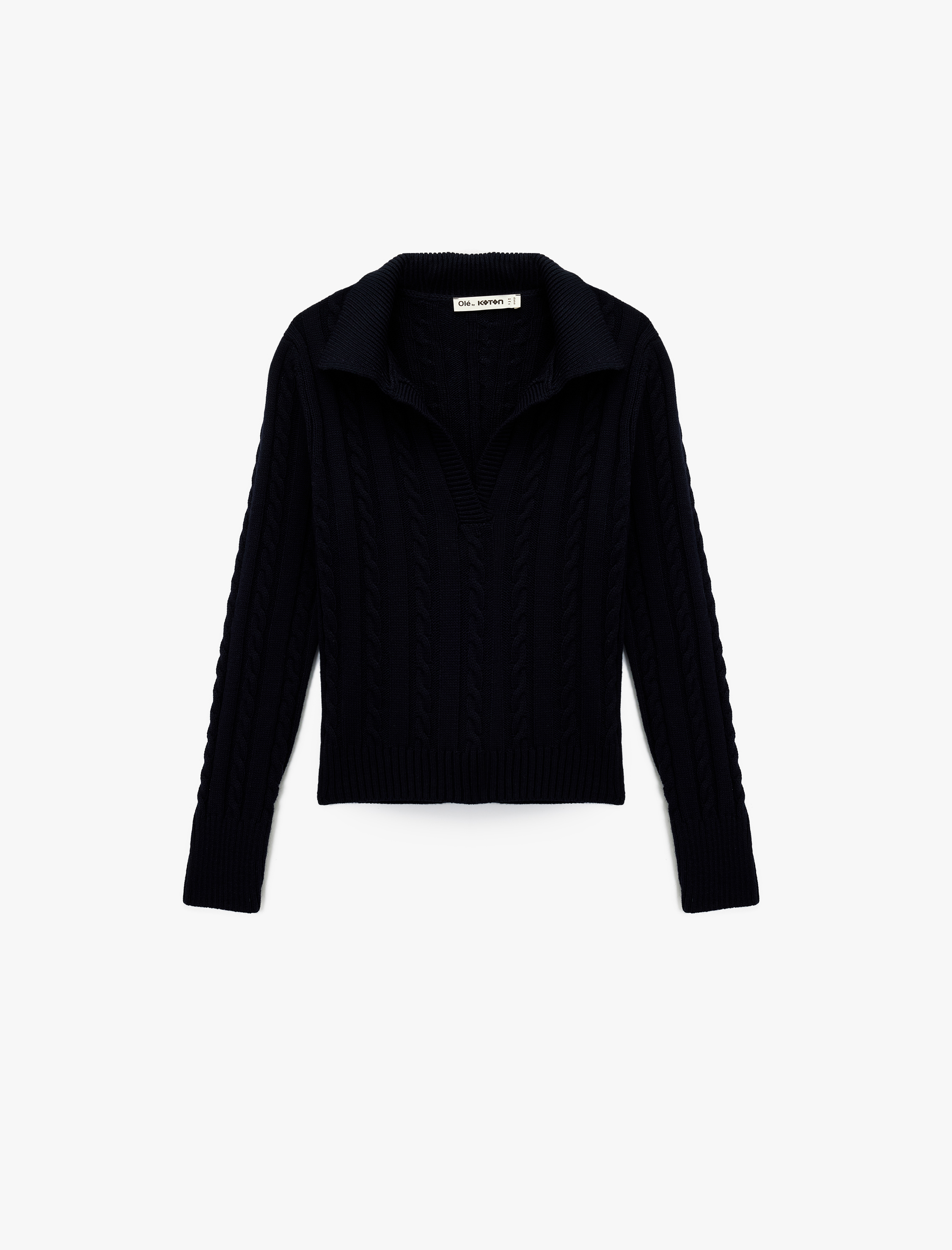   Saç Örgü Dokulu Uzun Kollu Triko Polo Yaka Kazak