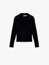 Saç Örgü Dokulu Uzun Kollu Triko Polo Yaka Kazak