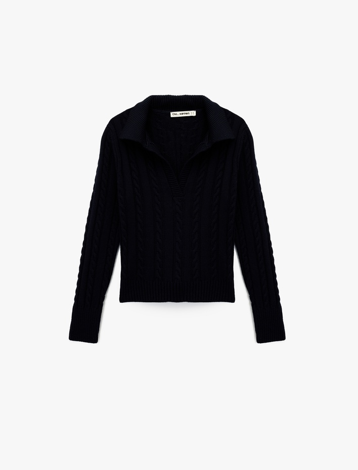  Saç Örgü Dokulu Uzun Kollu Triko Polo Yaka Kazak