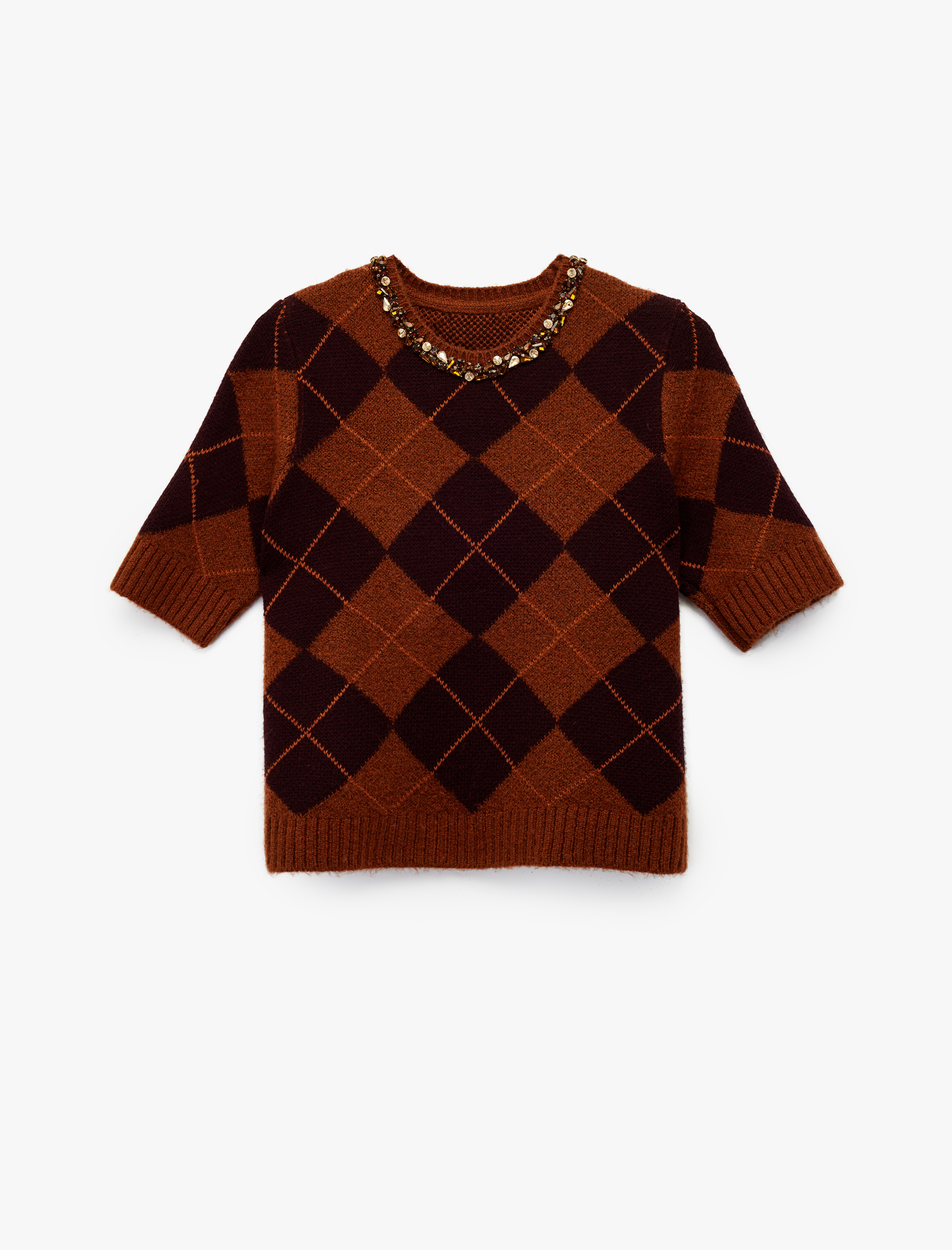   Koton X Melis Ağazat - Kısa Kollu Bisiklet Yaka Taşlı Baklava Desenli Triko Kazak