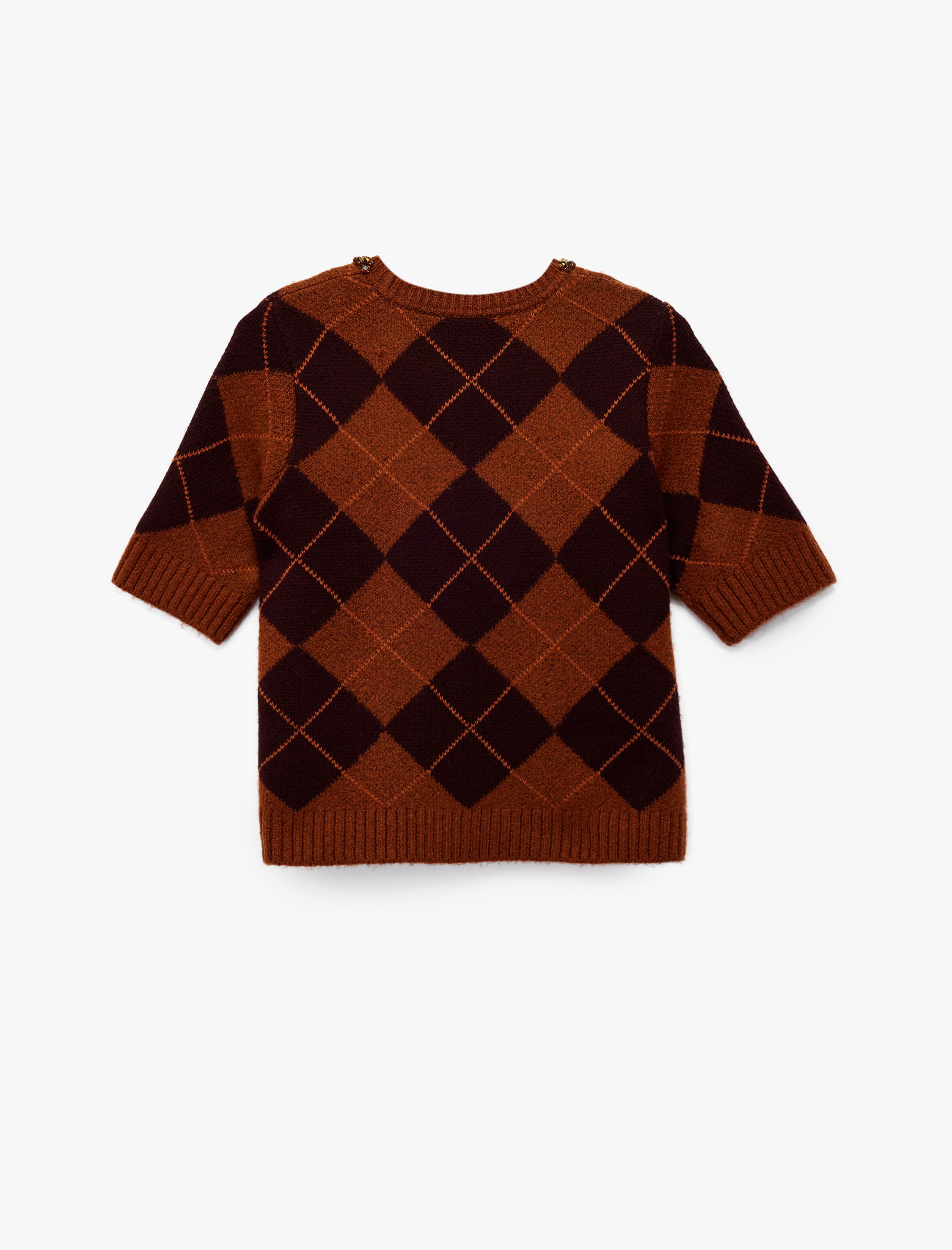   Koton X Melis Ağazat - Kısa Kollu Bisiklet Yaka Taşlı Baklava Desenli Triko Kazak