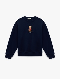 Şardonlu Uzun Kollu Bisiklet Yaka Köpek Baskılı Oversize Sweatshirt