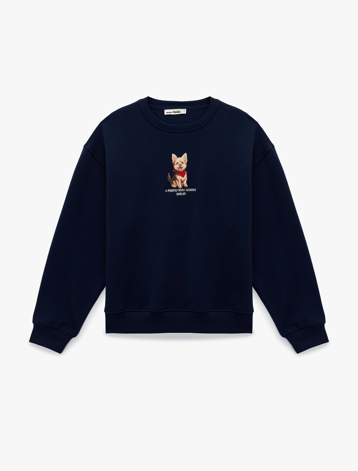  Şardonlu Uzun Kollu Bisiklet Yaka Köpek Baskılı Oversize Sweatshirt