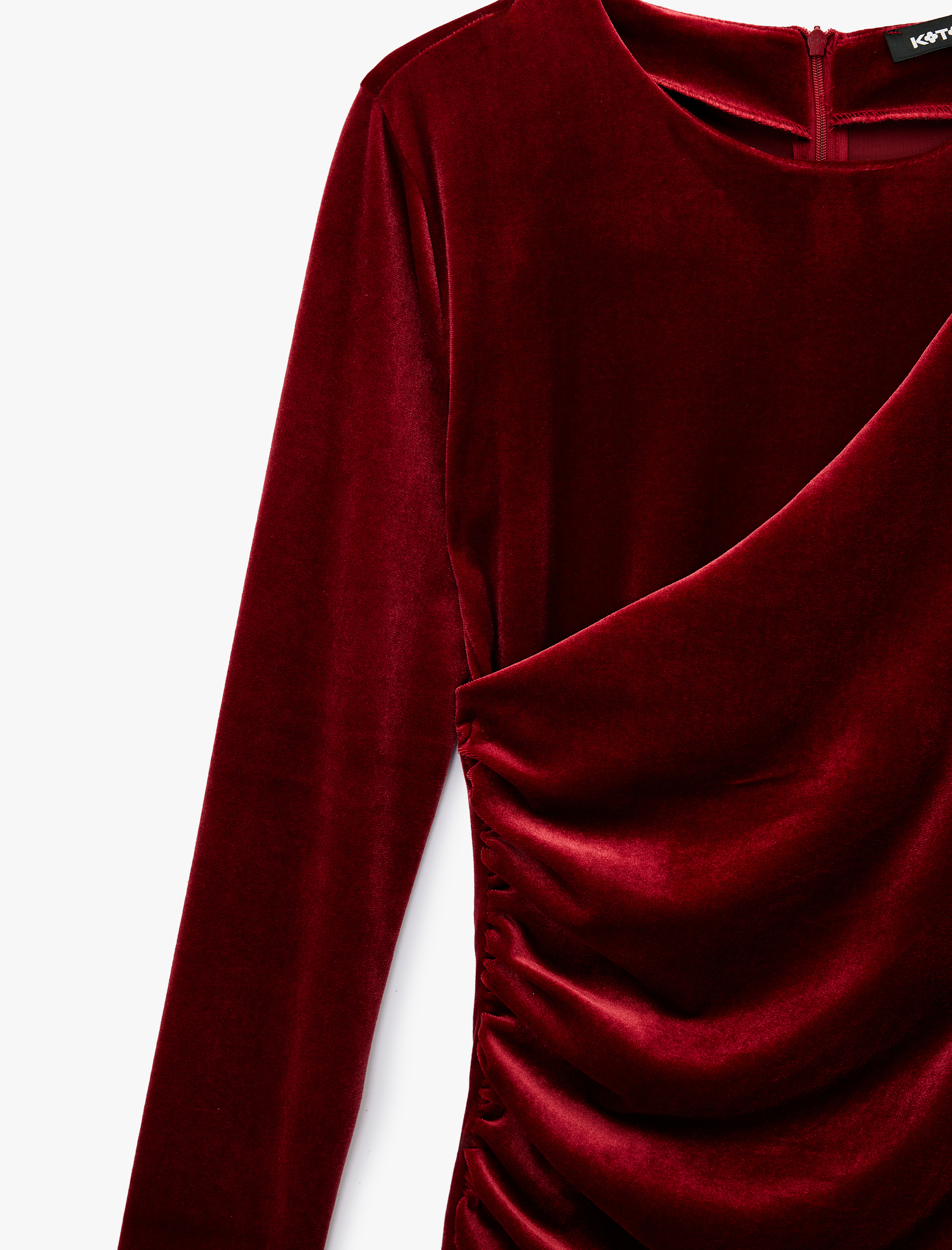   Uzun Kollu Bisiklet Yaka Drape Detaylı Mini Kadife Elbise