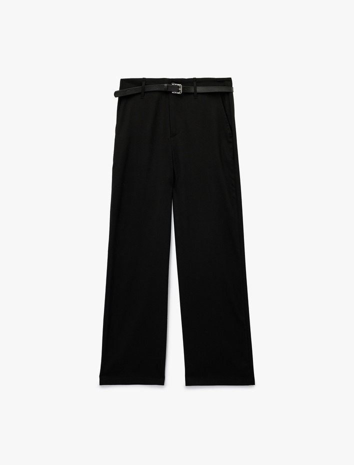  Kemer Detaylı Cepli Geniş Paça Viskon Karışımlı Kumaş Pantolon