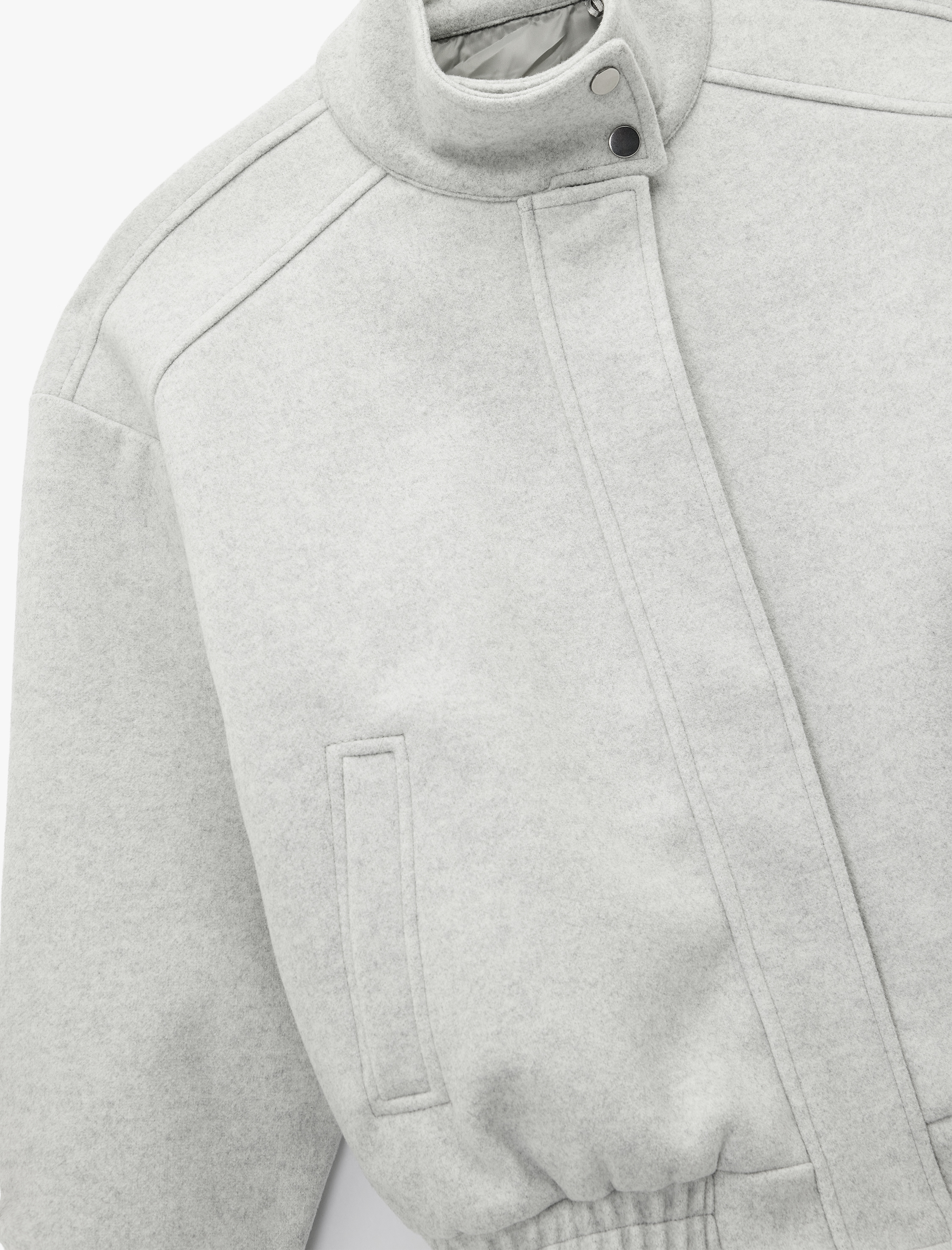   Uzun Kollu Cepli Fermuarlı Dik Yaka Kaşe Bomber Ceket