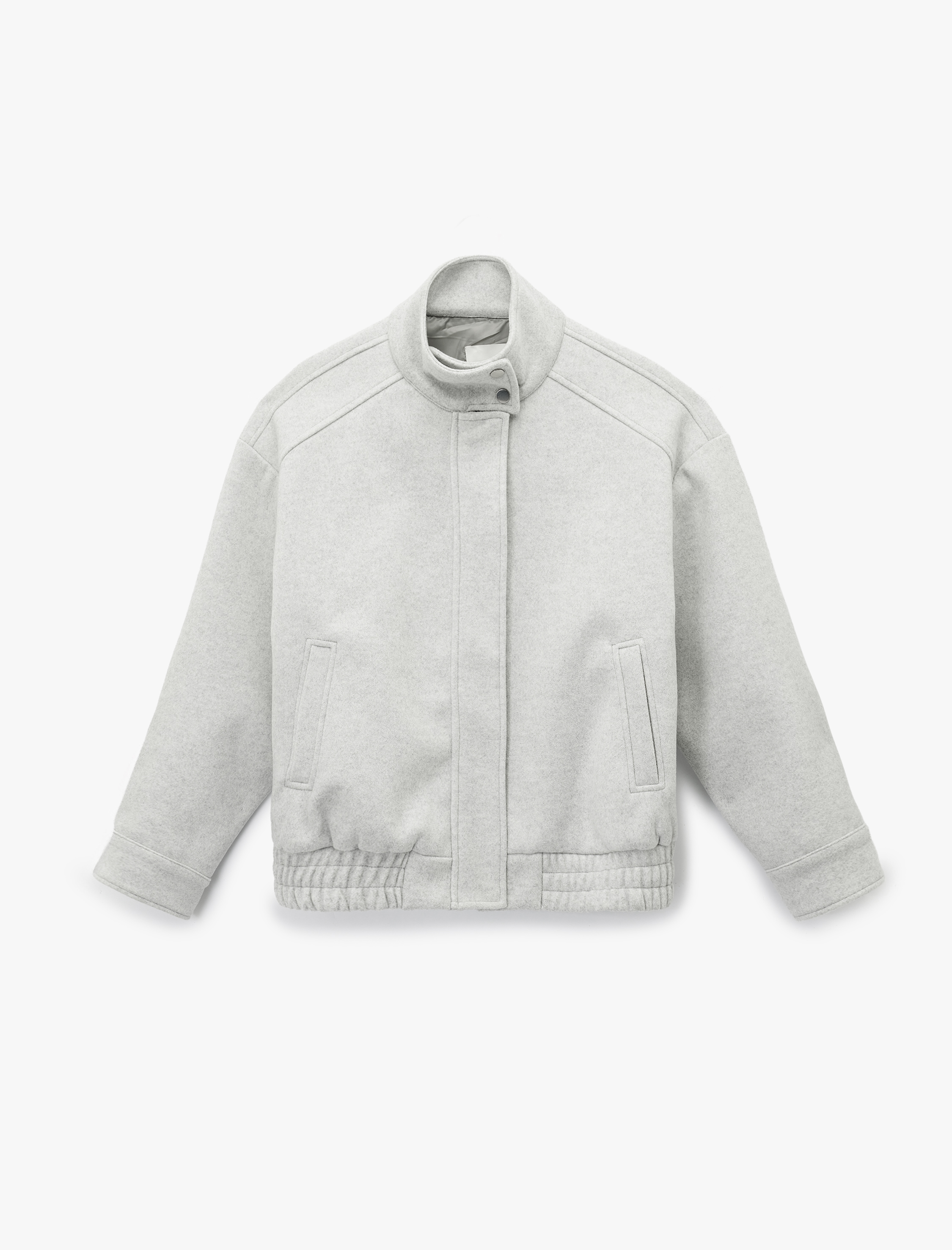   Uzun Kollu Cepli Fermuarlı Dik Yaka Kaşe Bomber Ceket