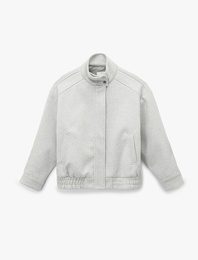 Uzun Kollu Cepli Fermuarlı Dik Yaka Kaşe Bomber Ceket