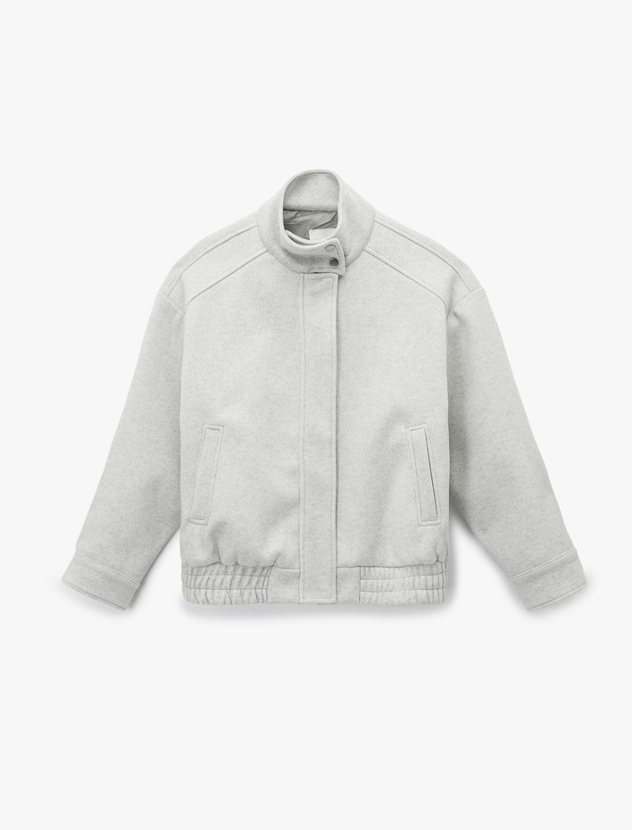  Uzun Kollu Cepli Fermuarlı Dik Yaka Kaşe Bomber Ceket