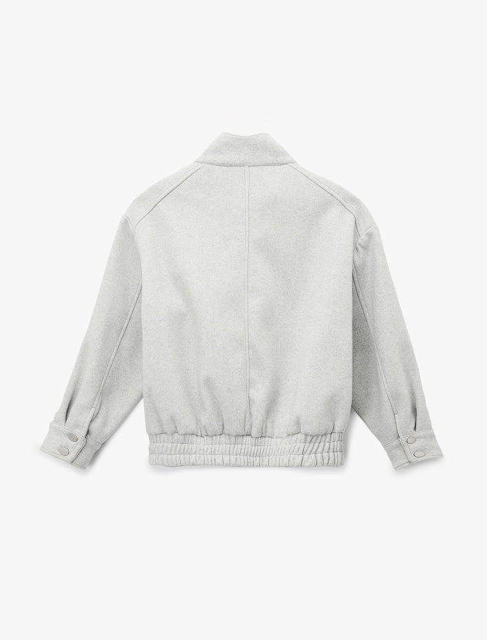  Uzun Kollu Cepli Fermuarlı Dik Yaka Kaşe Bomber Ceket