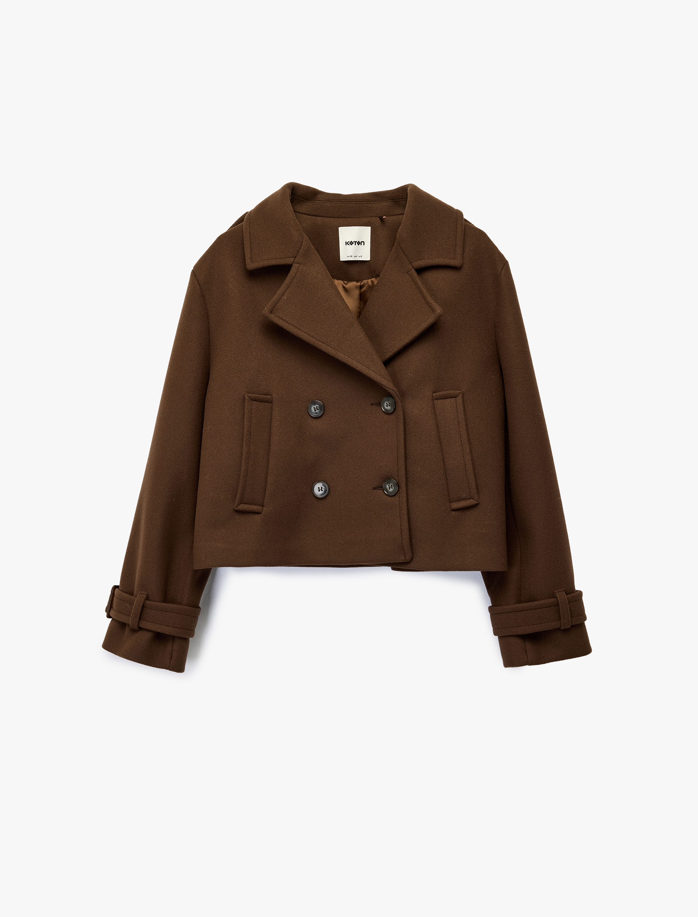   Uzun Kollu Cepli Düğmeli Kruvaze Kısa Kaşe Kaban