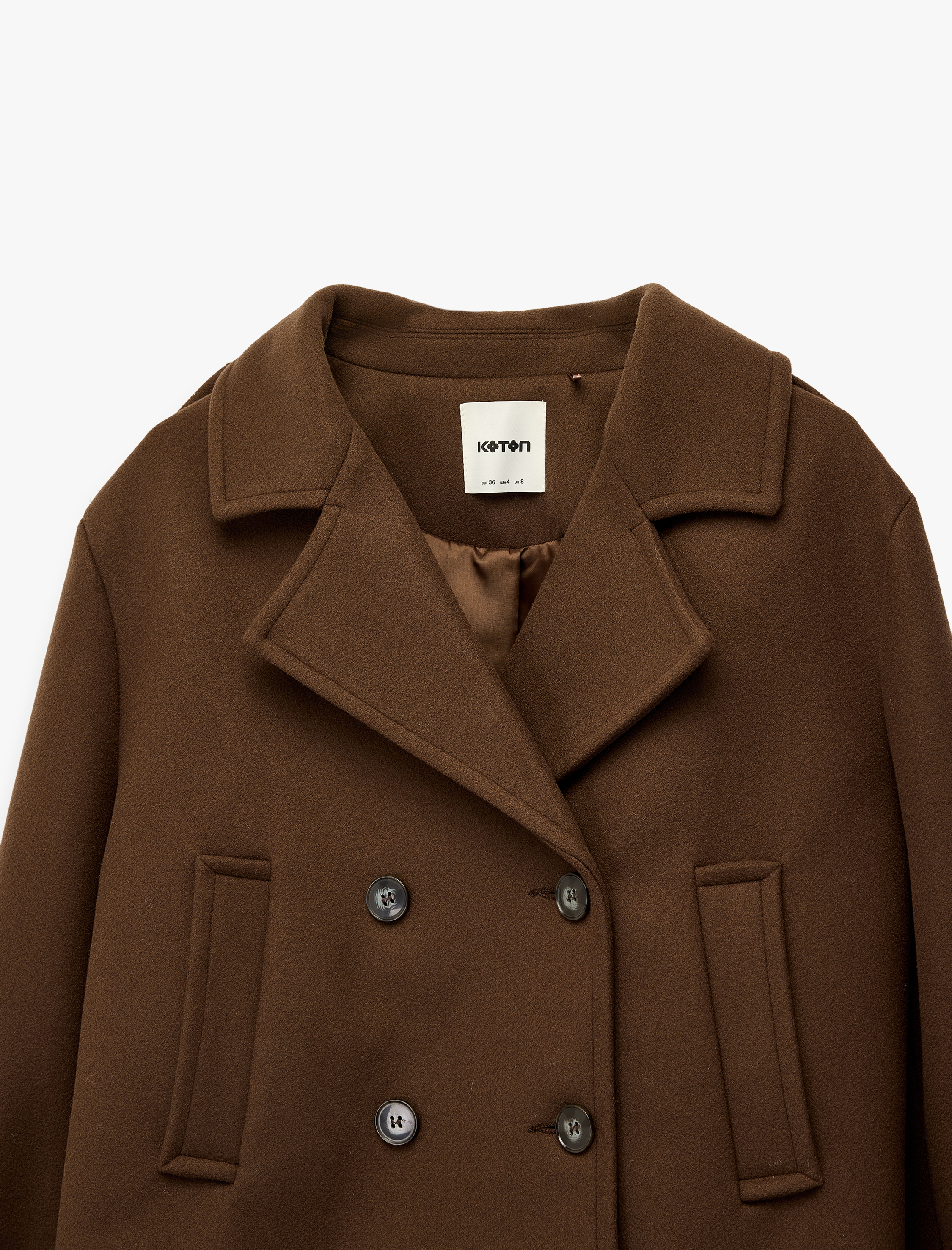   Uzun Kollu Cepli Düğmeli Kruvaze Kısa Kaşe Kaban