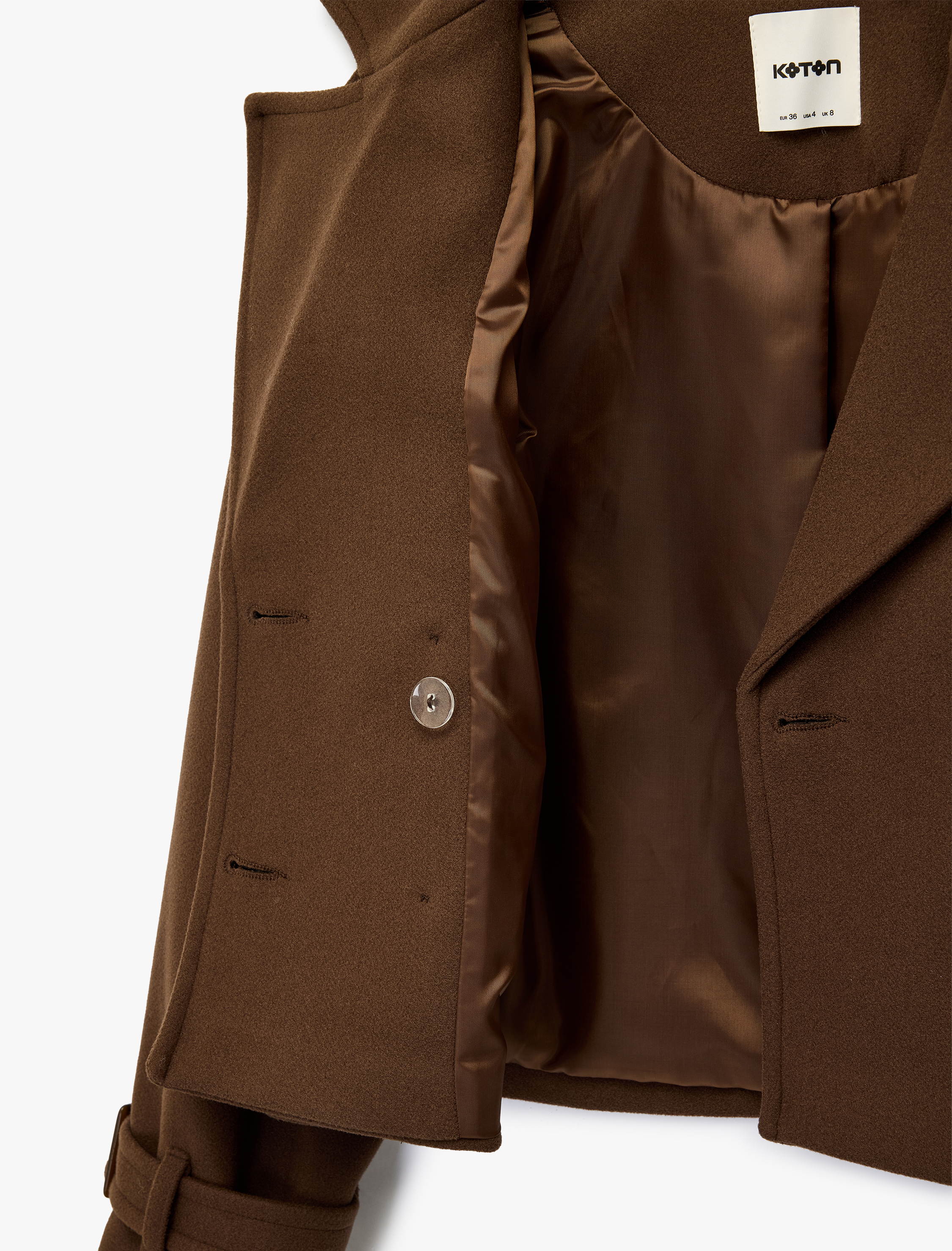   Uzun Kollu Cepli Düğmeli Kruvaze Kısa Kaşe Kaban