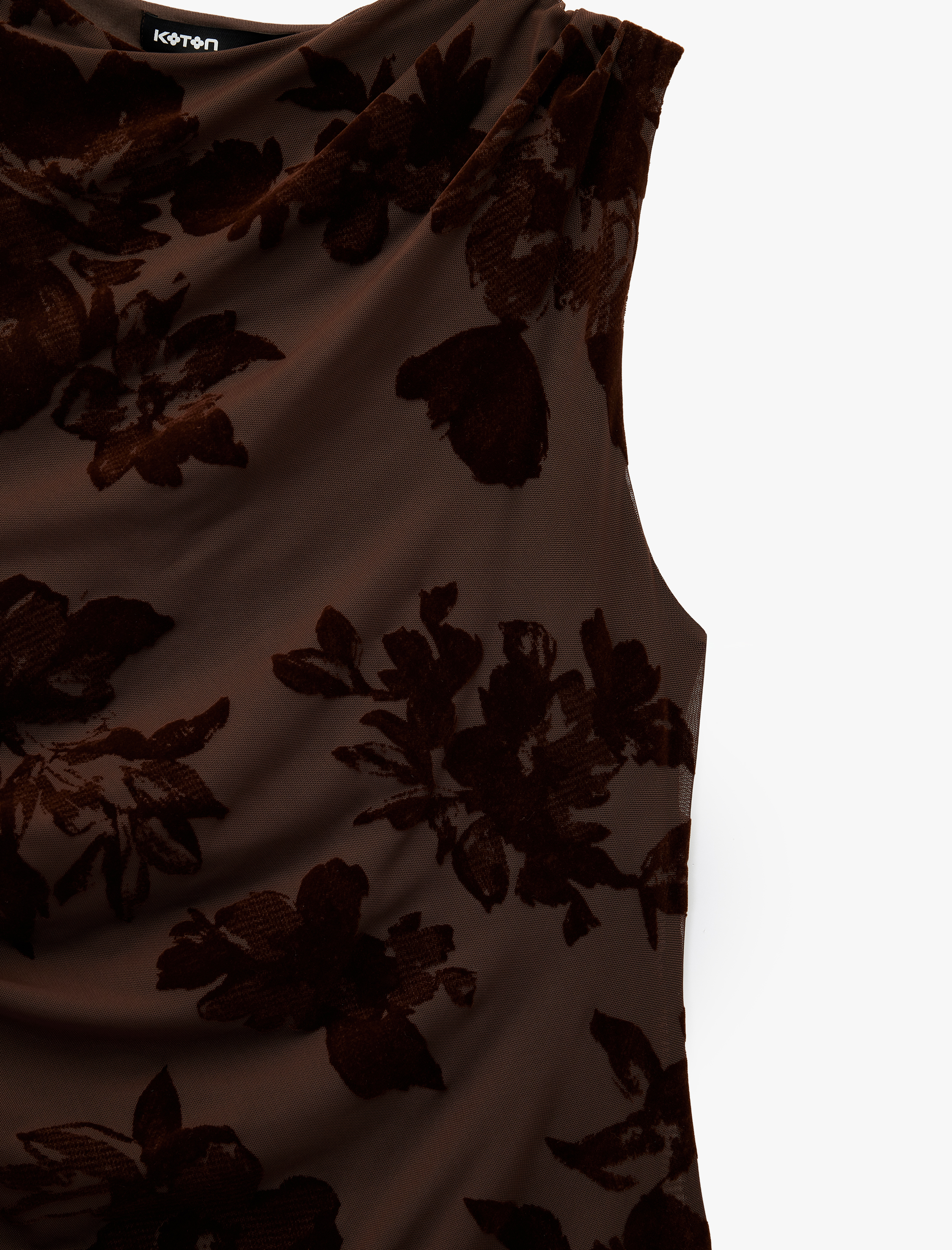   Slim Fit Kolsuz Bisiklet Yaka Drapeli Çiçekli Tül Uzun Kalem Elbise