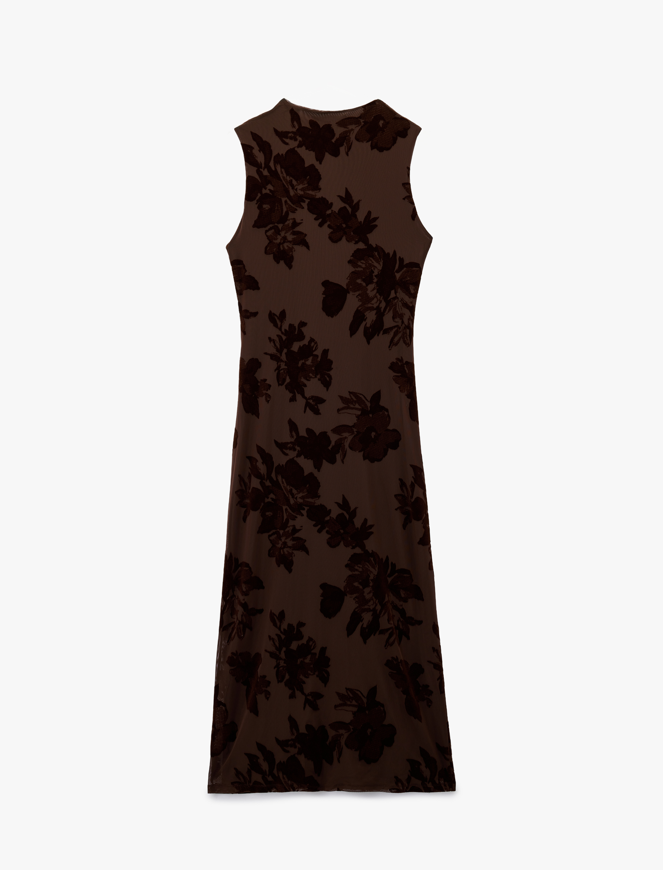   Slim Fit Kolsuz Bisiklet Yaka Drapeli Çiçekli Tül Uzun Kalem Elbise