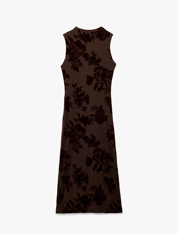  Slim Fit Kolsuz Bisiklet Yaka Drapeli Çiçekli Tül Uzun Kalem Elbise