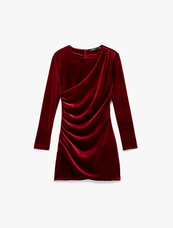  Uzun Kollu Bisiklet Yaka Drape Detaylı Mini Kadife Elbise