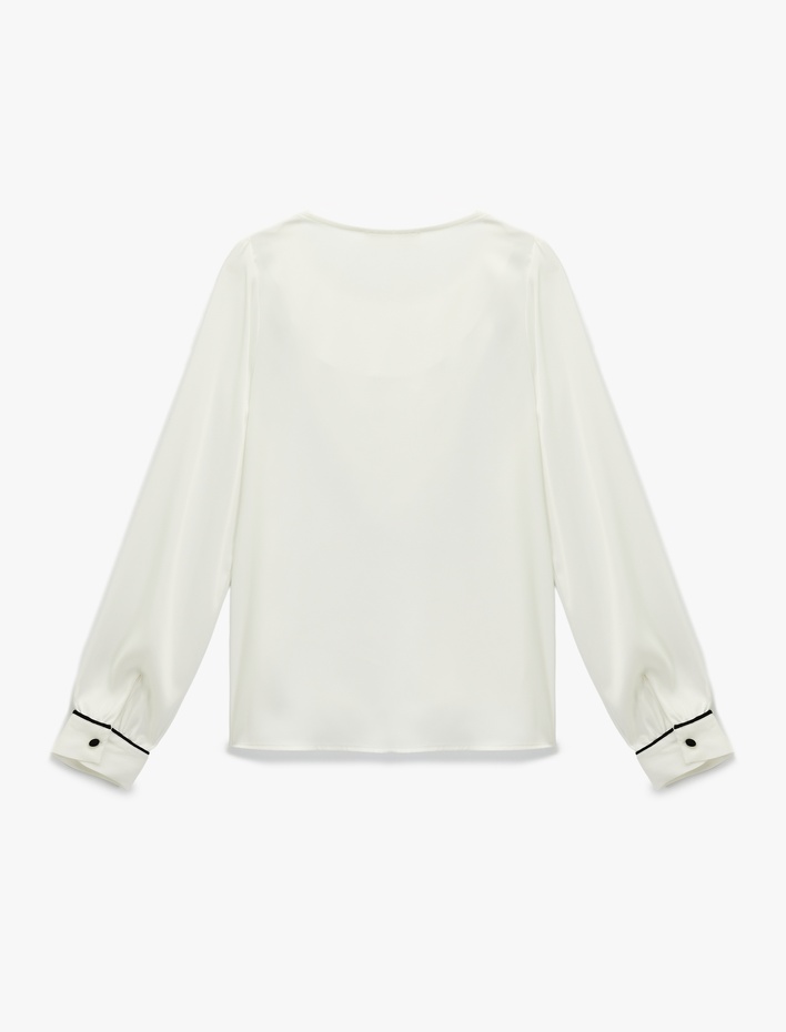  Dantel Detaylı Uzun Kollu Şal Yaka Bluz