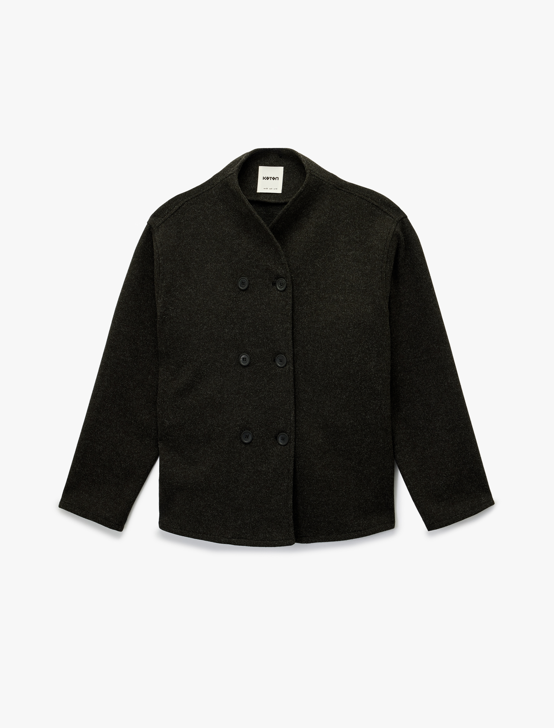   Uzun Kollu Dik Yaka Düğmeli Kruvaze Kaşe Ceket