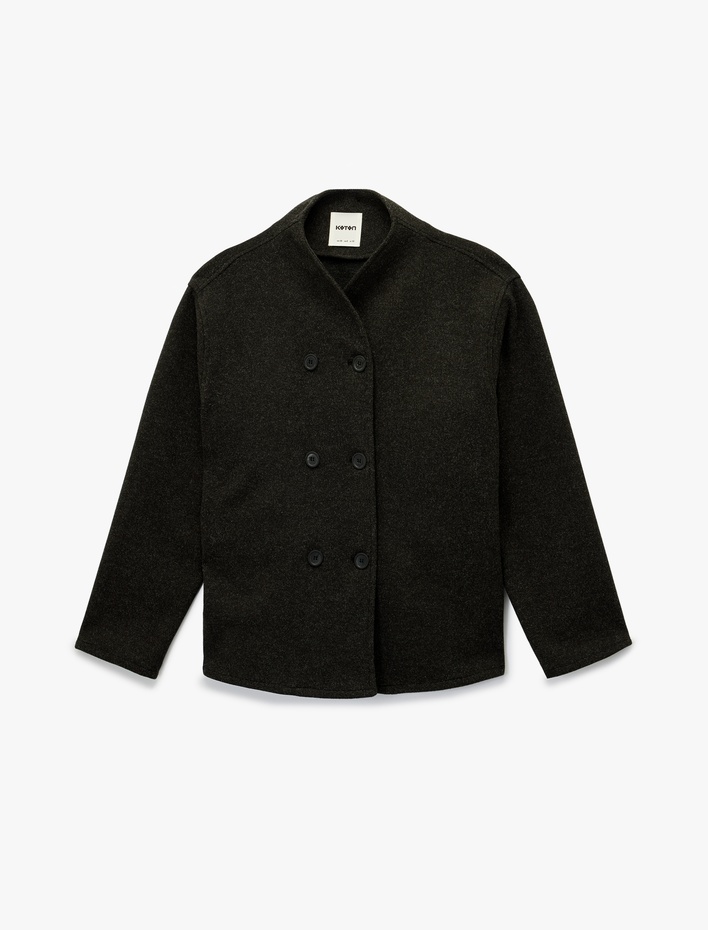  Uzun Kollu Dik Yaka Düğmeli Kruvaze Kaşe Ceket