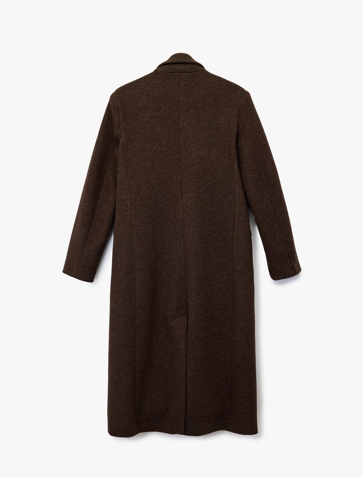  Uzun Kollu Düğmeli Cepli Uzun Kaşe Kaban