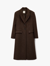 Uzun Kollu Düğmeli Cepli Uzun Kaşe Kaban