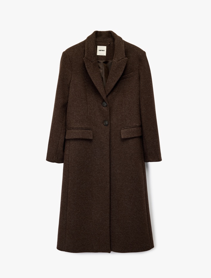  Uzun Kollu Düğmeli Cepli Uzun Kaşe Kaban