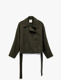 Uzun Kollu Cepli Kruvaze Düğmeli Kemerli Kaşe Kısa Kaban